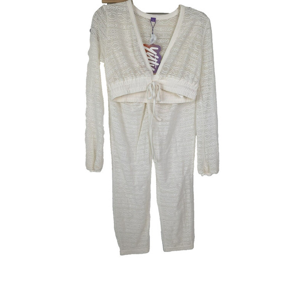 YITTY Ivory Knit Slip Semi Sheer Lace Crop Top and Ruched Back Legging Set M - Picture 5 of 16